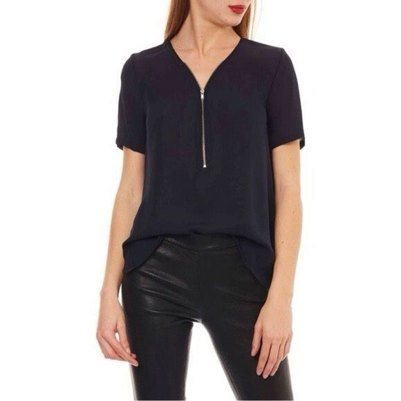 The Kooples Short Sleeve Blouse Size Medium Black Silk Zip Front Too - Picture 1 of 11